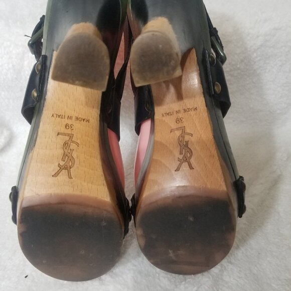 PRICE DROP-YSL Rare Olive & Black Leather Wood Heels - Picture 6 of 11